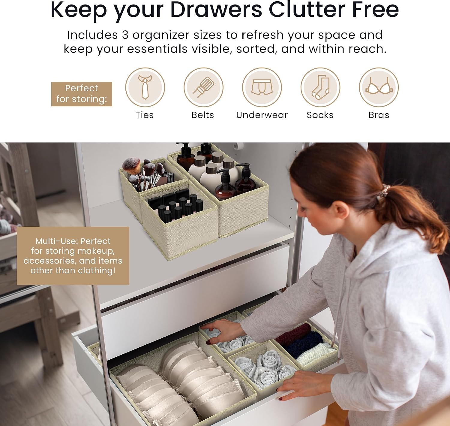 Reli. Drawer Organizers Clothes 14 Pack | Foldable Dresser Drawer Organizer | Beige Dresser Drawer Organizers | Fabric Drawer Dividers, Foldable Closet Storage Bins, Socks, Underwear, Ties, Bras, Nursery