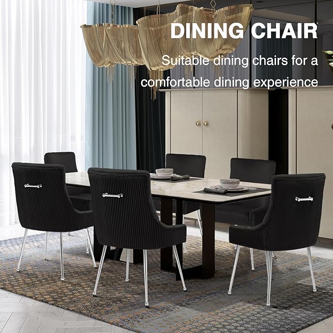 Modern Dining Chairs Set of 2 with Silver Metal Legs, Velvet Upholstered Kitchen Chair Pleated Back, Mid Century Accent Chair for Vanity, Living Room, Black