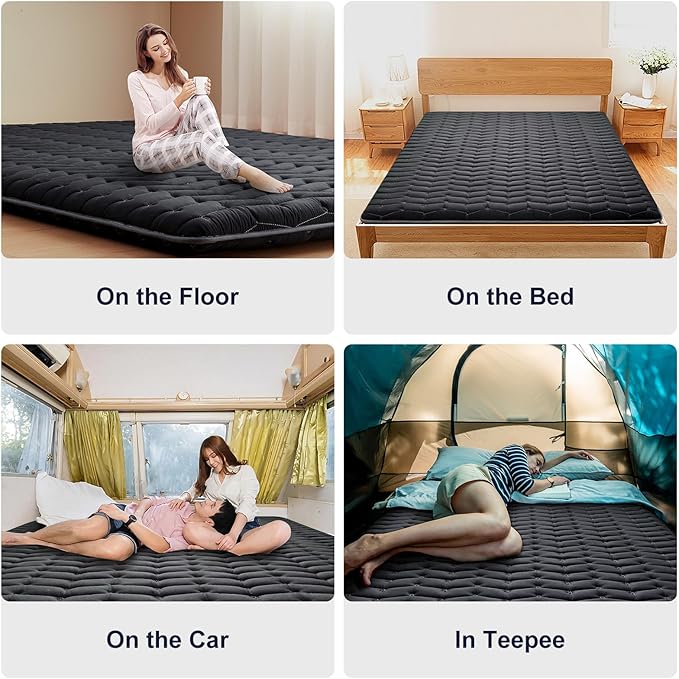 Premium Foam 3.2" Thick Japanese Futon Floor Mattress - Queen Size 60"x80" 100% High-Density Foam,Comfortable Sleeping Pad,Tatami Mat for Dorm,Bedroom or Guest Room，Boys Girls Dormitory Pads(Black)