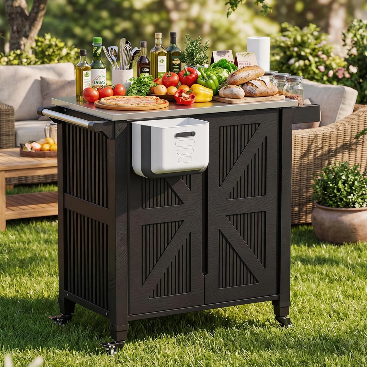 Spurgehom Outdoor Grill Cart with Storage Movable Outdoor Grill Table Kitchen Island with Wheels, BBQ Cart Pizza Oven Table Food Prep Table Cart Storage Cabinet for Outside Patio Backyard Garden