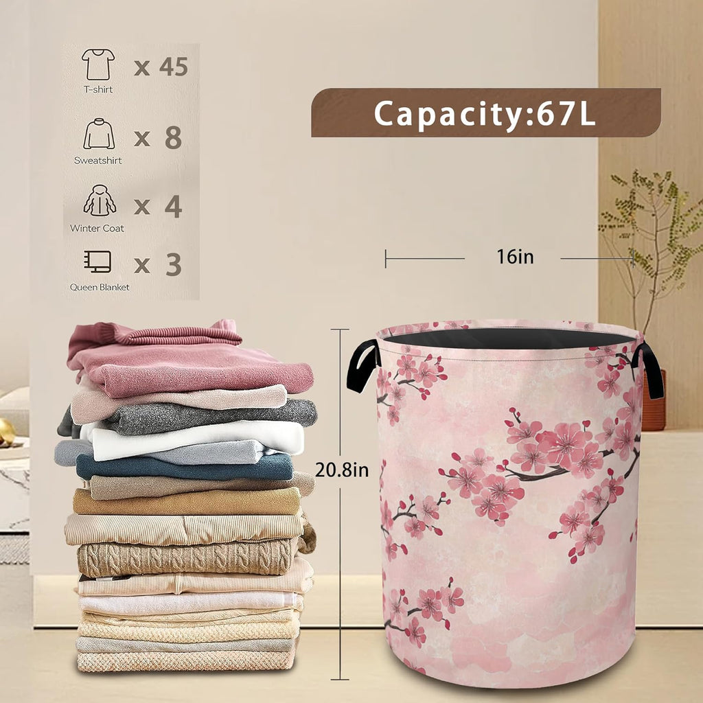 Laundry Hamper,Pink Flower Laundry Basket,Cherry Blossom Waterproof Oxford Cloth Storage Basket with Handle for Clothes Books Nursery Home Storage Sundries 16"x20"