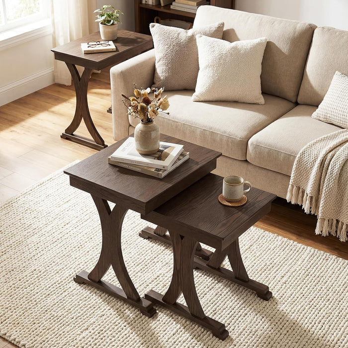 GIANTEX Nesting Coffee Table Set-of-3 - Stackable Rectangular Sofa End Side Table w/Solid Rubber Wood Legs, Vintage Farmhouse Night Stand for Bedroom Living Room Home Office Small Spaces