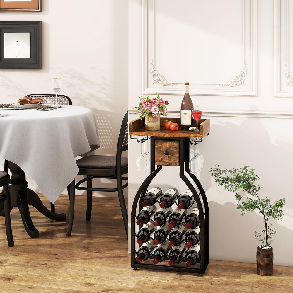 IBUYKE Wine Rack Freestanding Floor,15 Bottles,Glass Holder,Brown TMJ908H | M...