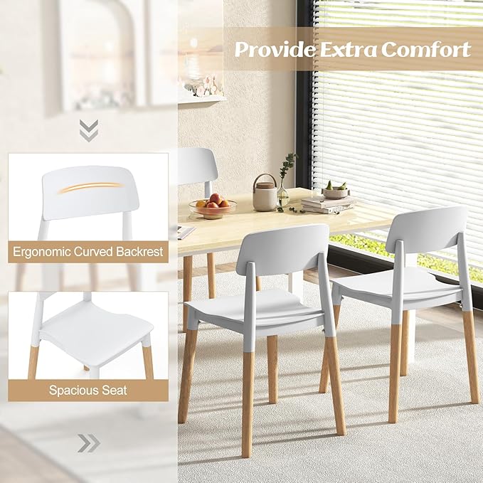 Giantex Modern Dining Chairs Set of 4, Plastic Dining Side Chair Set w/Sturdy Wooden Legs, Wide Seat & Ergonomic Backrest, Armless Kitchen Chairs for Dining Room Living Room Restaurant Cafe (White)