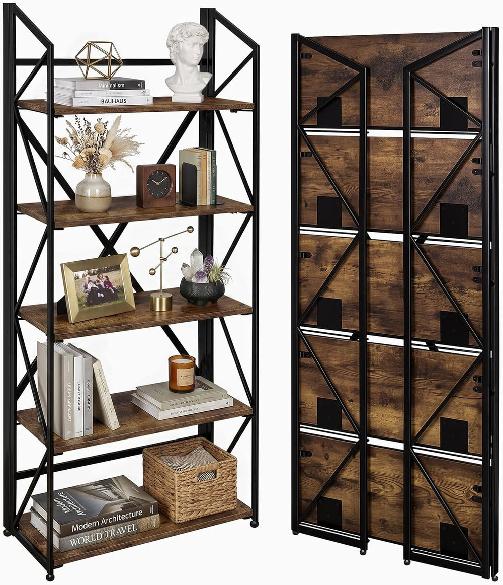 5 Tier Folding Bookshelf, No Assembly Foldable Storage Shelves, Brown