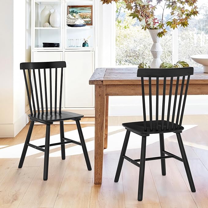 LUE BONA Windsor Dining Chair, Dining Chairs Set of 2, Spindle Back Wood, Kitchen Chairs Wooden Dining Chair, Farmhouse Dining Chairs for Kitchen and Dining Room, Black