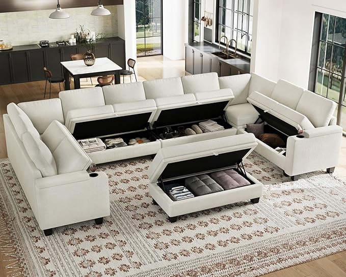 Belffin Oversized U Shaped Modular Sectional Couch for Living Room 10 Seater Modular Sofa Set with Storage Ottoman Large Sectional Couch with Cup Holder White