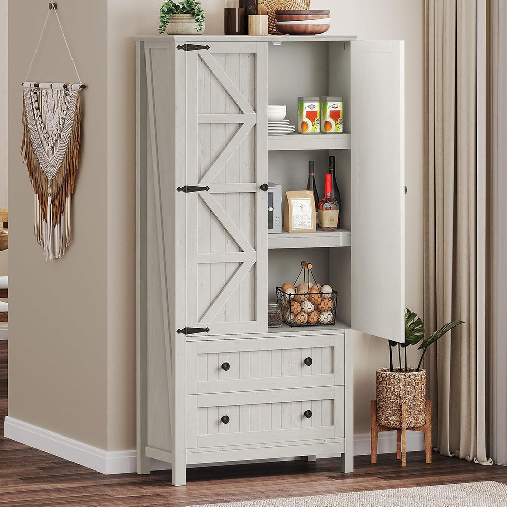 DWVO 64.5" Pantry Cabinet with Barn Doors, 2 Drawers & Shelves, Off ...