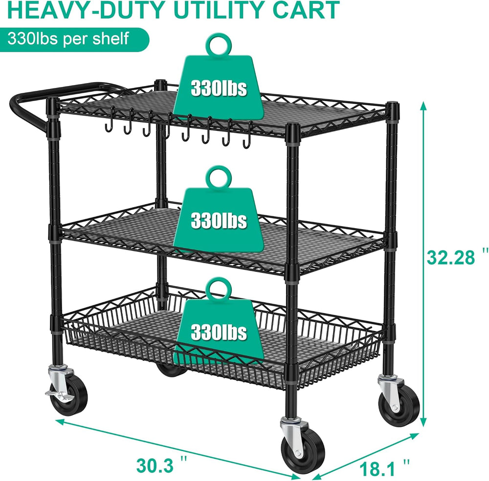 Folews Heavy Duty Rolling Cart with Wheels, 3 Tier Commercial Grade Utility C...