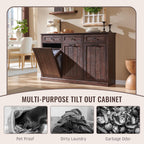 Triple Tilt Out Laundry Hamper Cabinet, 20 Gallon Farmhouse Trash Can Cabinet w/Drawer & Adjustable Shelf, Hidden Garbage Can Bin Cabinets w/Laundry Basket for Bathroom, Kitchen (Brown)