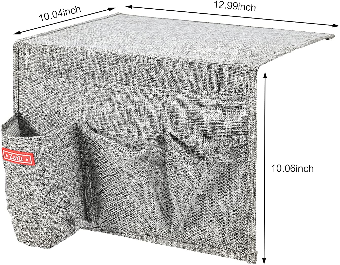 Linen 4 Pockets Bedside Caddy, Bedside Storage Organizer with Water Bottle Holde for Magazine, Remotes, Phone (Grey)