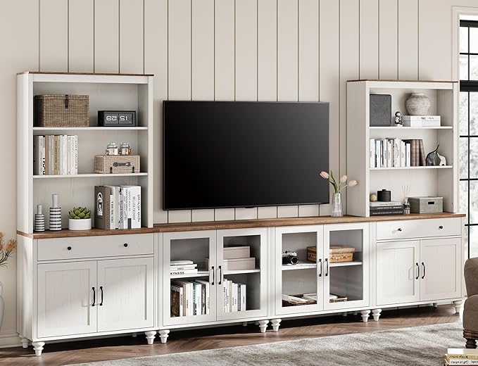 WAMPAT Entertainment Center with Bookshelves for TVs up to 75", Farmhouse Wall Unit TV Stand with Glass Doors & Drawer, Media Console TV Table for Living Room, Bedroom & Home Theater, White