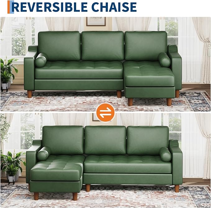 GarveeHome 88.9" L-Shape Sofa&Couch with Convertible Chaise, Sectional Sofa with Deep Seat, Modern Mid-Century Sofa for Living Room, 3 Seat Comfy Leather Couch, Green