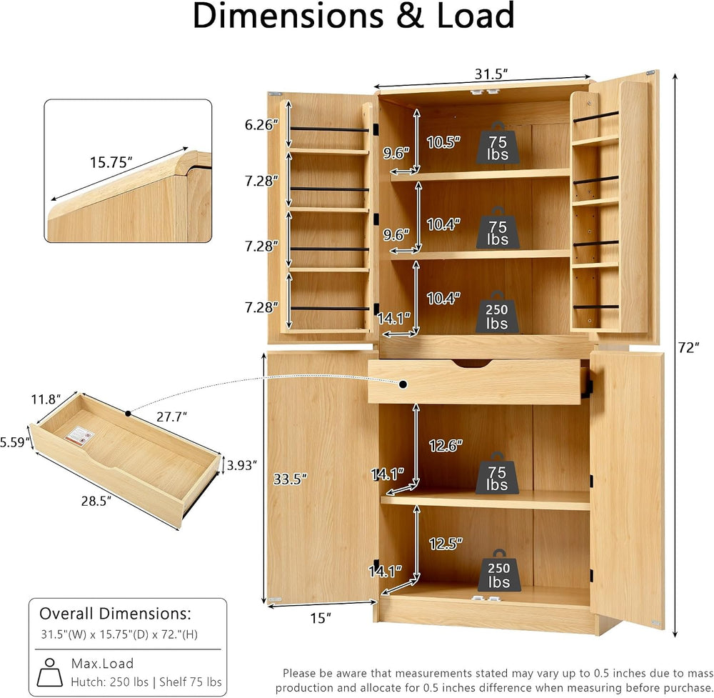 72" Tall Farmhouse Kitchen Pantry Cabinet with 8 Door Shelves,Curved Des...