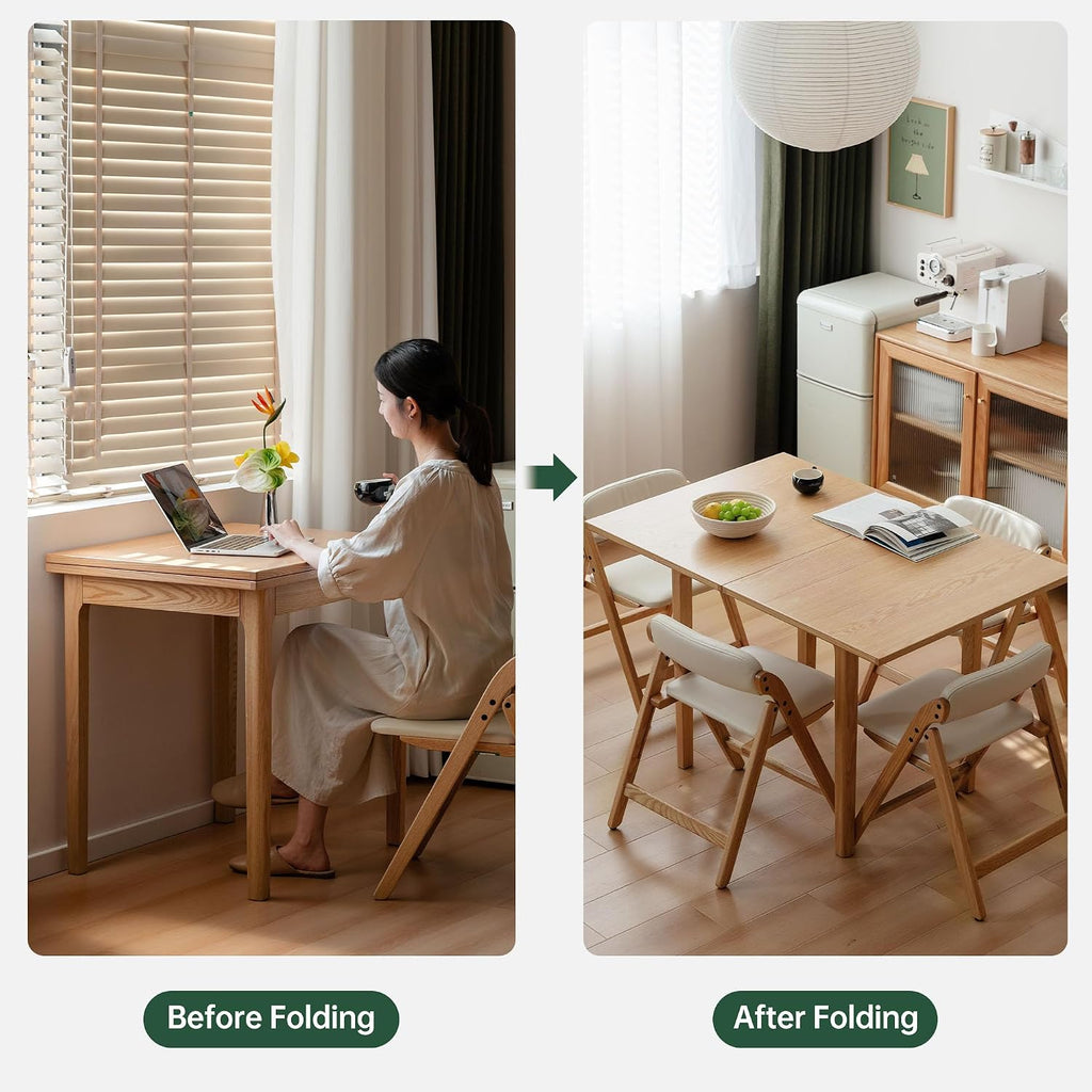31"-47" Foldable Dining Table and Chairs Set for 4, Solid Wood Extendable Kitchen Table with Oak Wood Legs, Space-Saving Dinner Tables for Living Room, Kitchen (Original, 1table+4cushion chairs)