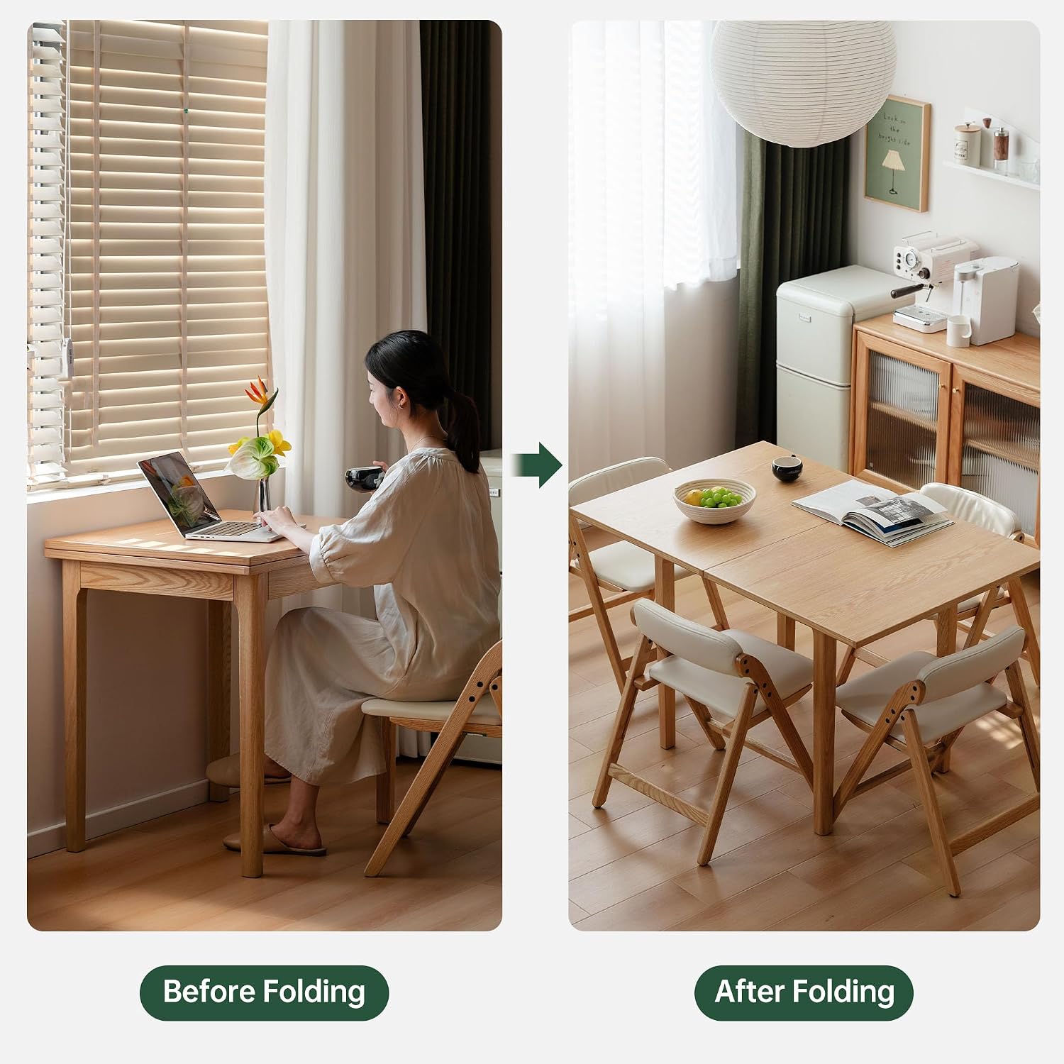 31"-47" Foldable Dining Table and Chairs Set for 4, Solid Wood Extendable Kitchen Table with Oak Wood Legs, Space-Saving Dinner Tables for Living Room, Kitchen (Original, 1table+4cushion chairs)