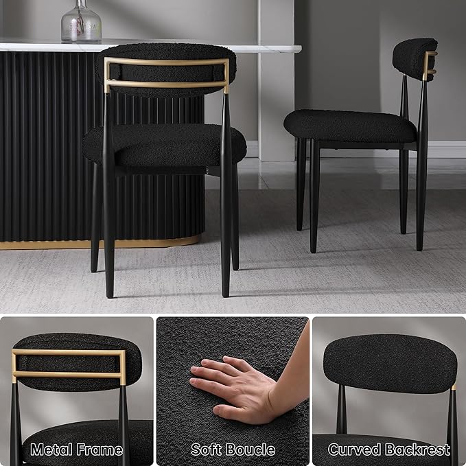 Morden Fort Black Modern Dining Chairs Set of 6, Boucle Upholstered Chairs with Curved Backrest and Sturdy Metal Legs for Dining Room, Kitchen, Living Room and Apartment