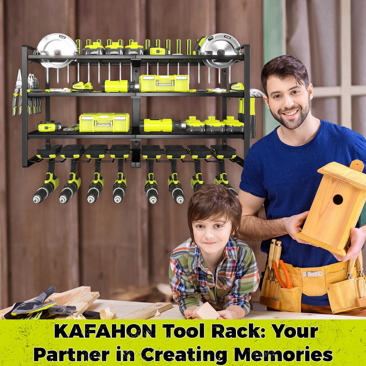 KAFAHOM Power Tool Organizer-8 Drill Holder Wall Mount,4 Layer Heavy Duty Metal Power Tool Storage Rack,Garage Tool Organizer and Storage with Screwdriver Holder/Plier Holder/Hammer Holder