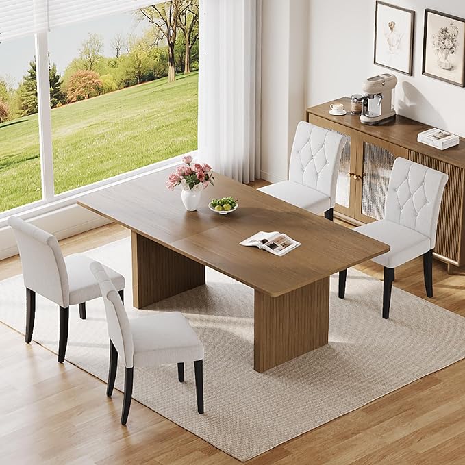 Upholstered Dining Chairs Set of 4, 19 Inches Wide Button Tufted Parsons Dining Chair with Solid Wood Legs, Modern Fabric Side Chair for Dining Room/Kitchen/Restaurant/Hotel- White Wider
