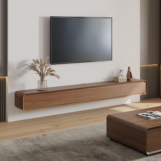POVISON Fully-Assembled Minimalist Floating TV Stand, Modern Wall-Mounted Entertainment Center with 4 Flip-Down Cabinet Doors, Solid Wood Media Console, Walnut Veneer, 94"