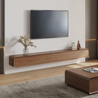 POVISON Fully-Assembled Minimalist Floating TV Stand, Modern Wall-Mounted Entertainment Center with 4 Flip-Down Cabinet Doors, Solid Wood Media Console, Walnut Veneer, 94"