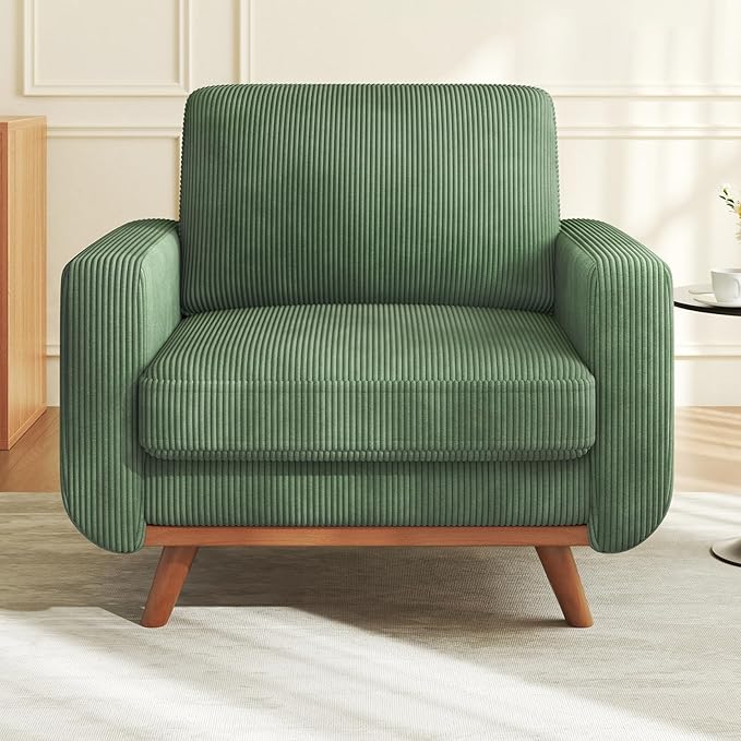 Vesgantti 38.5" Accent Chair Green, Comfy Corduroy Single Sofa Seat with Spring Cushion, Upholstered Armchair with Deep Seat, Reading Chair for Adults, Modern Sofa for Living Room, Bedroom