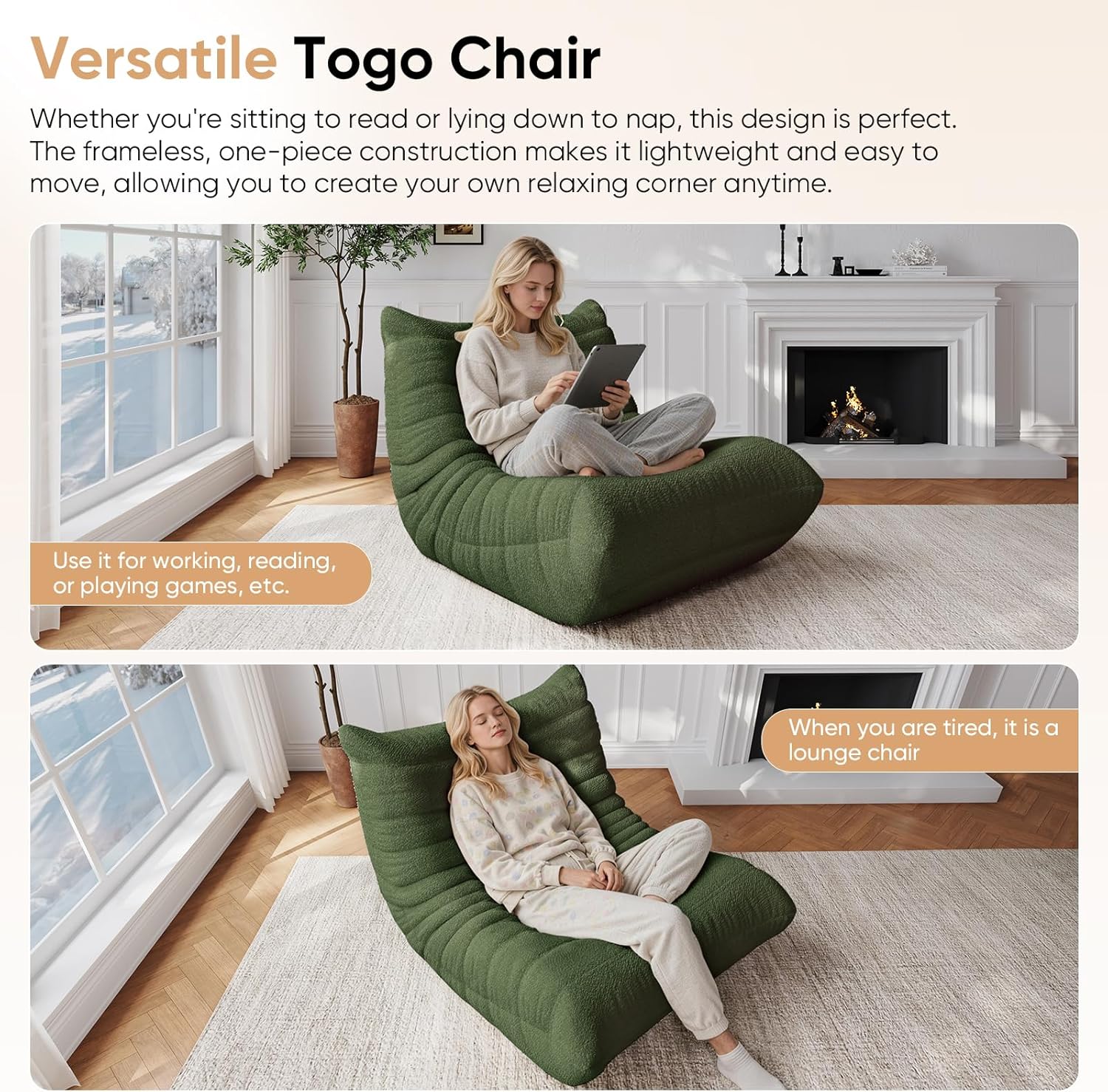 Giant Bean Bag Chairs for Adults Teen Reading Chair Togo Sofa Boneless Floor Couch Comfy Memory Foam Teddy Fleece BeanBag Fireside Lounge Chair for Living Room Bedroom, Green, 1 Seater