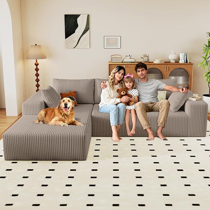96" Modular Sectional Couch, Boneless L Shaped Cloud Sofa with Chaise Lounge, Corduroy Upholstered Couches Memory Foam Deep Seat, No Assembly Required, Ideal for Living Room(Camel, Left Facing)
