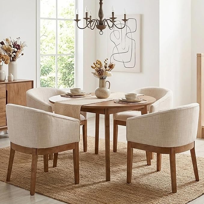 Wahson Barrel Dining Chairs Set of 4, Beige Linen Upholstered Dining Room Chairs with Arms, Mid Century Farmhouse Kitchen Chairs with Natural Wood Legs, for Bedroom/Living