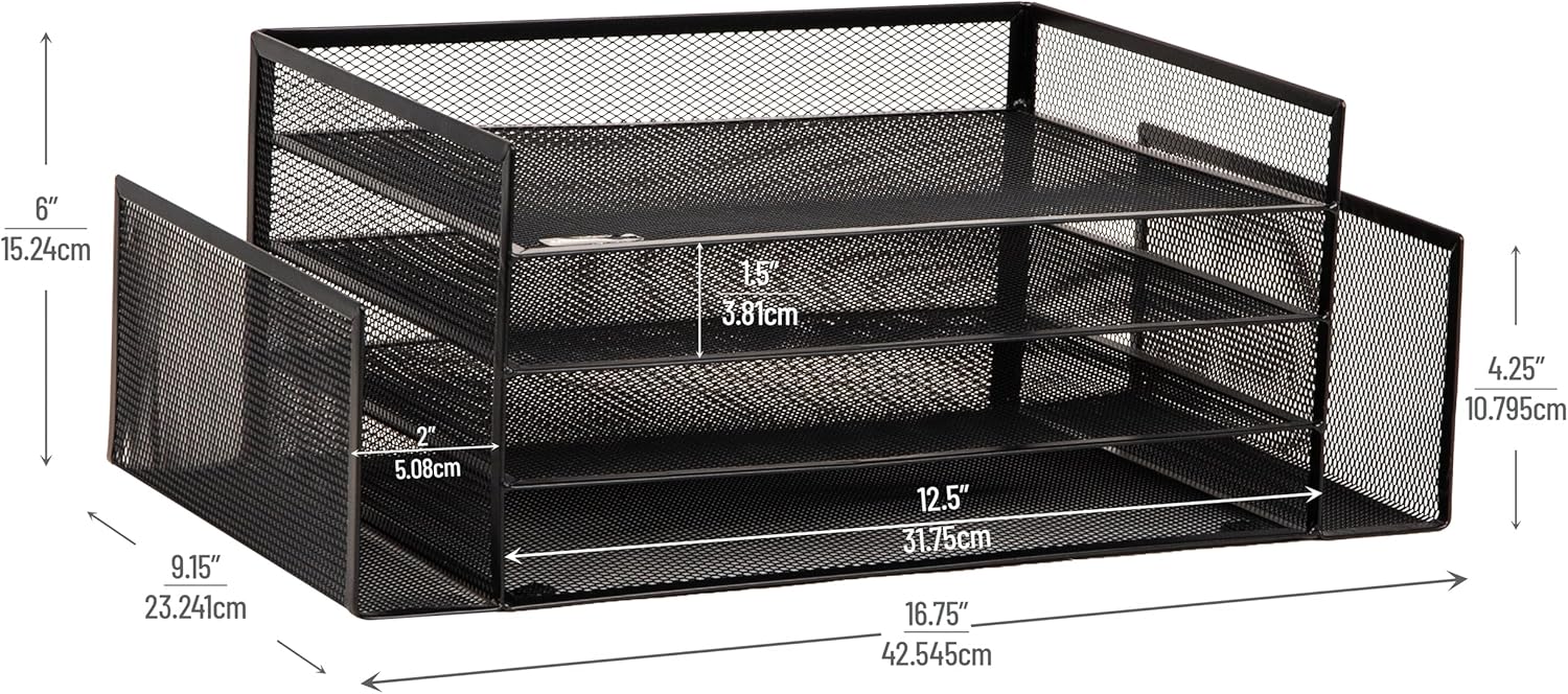 Mind Reader Desktop Organizer, File Storage, Paper Tray, Workspace, Office, Metal Mesh, 16.75"L x 9.15"W x 6"H, Black