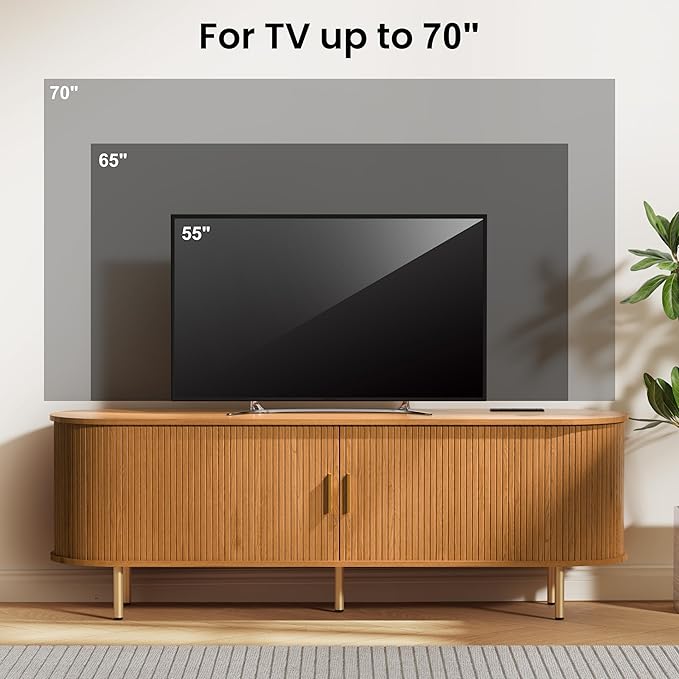 DHH 63 Inch Mid Century Modern TV Stand with Power Outlet for TVs up to 70 Inch, Entertainment Center with Storage and Adjustable Shelves, Media Console with Sliding Doors for Living Room(Yellow)