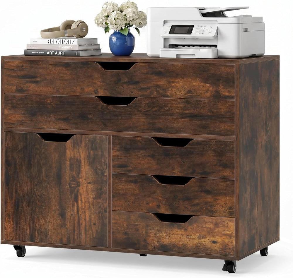 POWERSTONE Rolling File Cabinet 5-Drawer & One Side Door Storage Unit, Wo...