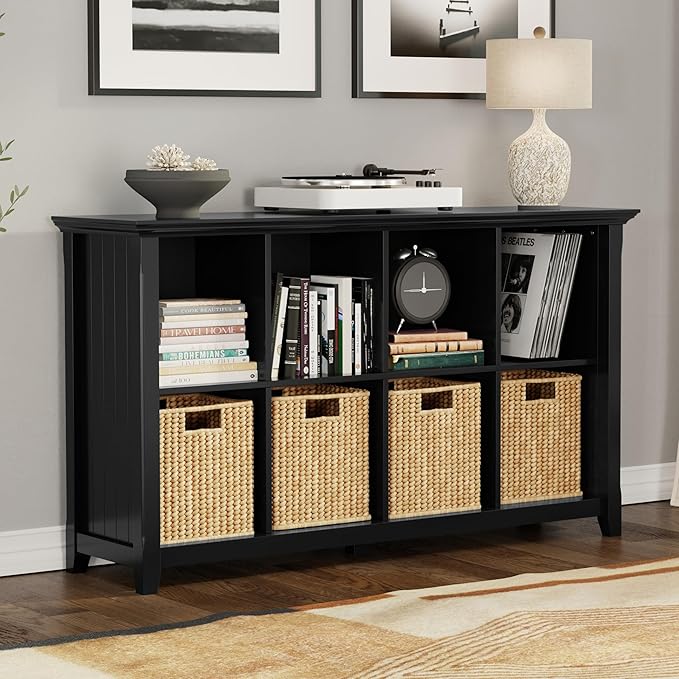 SIMPLIHOME Acadian Console Table - 57 Inch Wide Solid Wood 8-Cube Storage Sofa Table in Black, Transitional Storage Unit for Living Room or Bedroom with Grooved Side Panels and Tapered Legs