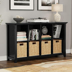 SIMPLIHOME Acadian Console Table - 57 Inch Wide Solid Wood 8-Cube Storage Sofa Table in Black, Transitional Storage Unit for Living Room or Bedroom with Grooved Side Panels and Tapered Legs