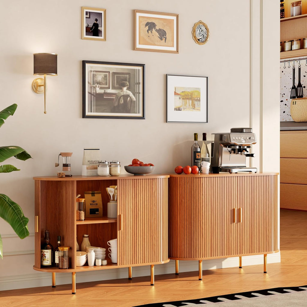 DHH Sideboard Buffet Cabinet with Storage,Mid Century Modern Fluted Accent Coffee Bar Console Table,Tambour Sliding Doors& Adjustable Shelf for Kitchen, Living Room, Entryway (Yellow walnut40 Inch)