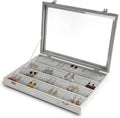 Frebeauty Earring Organizer Tray with Clear Lid 64 Slots Velvet Drawer Insert Earring Storage box with Transparent Glass lid Jewelry Display Case with lock Gifts for Girls Women (Grey, Earrings)