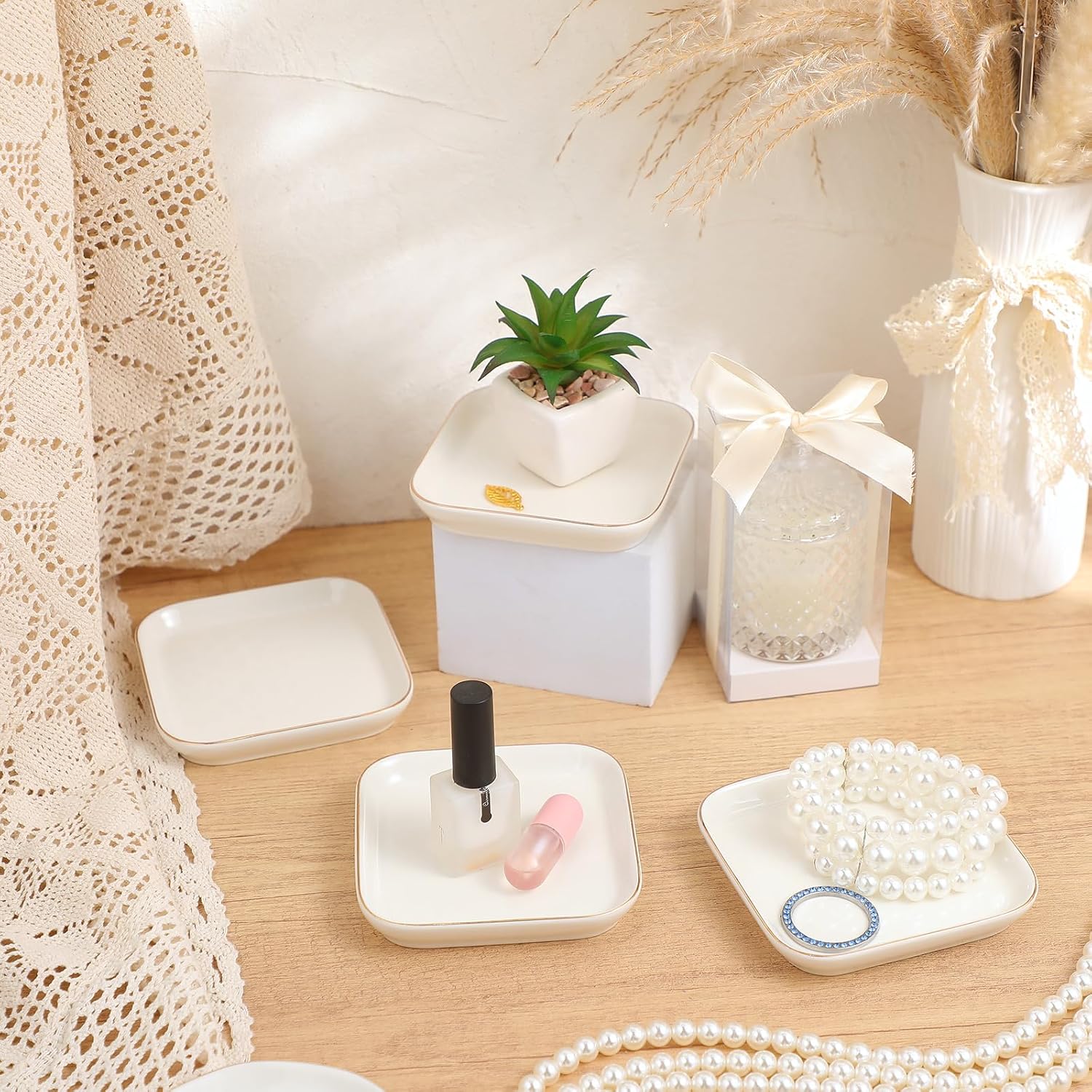 Shappy 6 Pcs White Ceramic Jewelry Tray 4.5 in Ring Holder Trinket Dish for Christmas Friendship Wedding Birthday Gifts(Square)