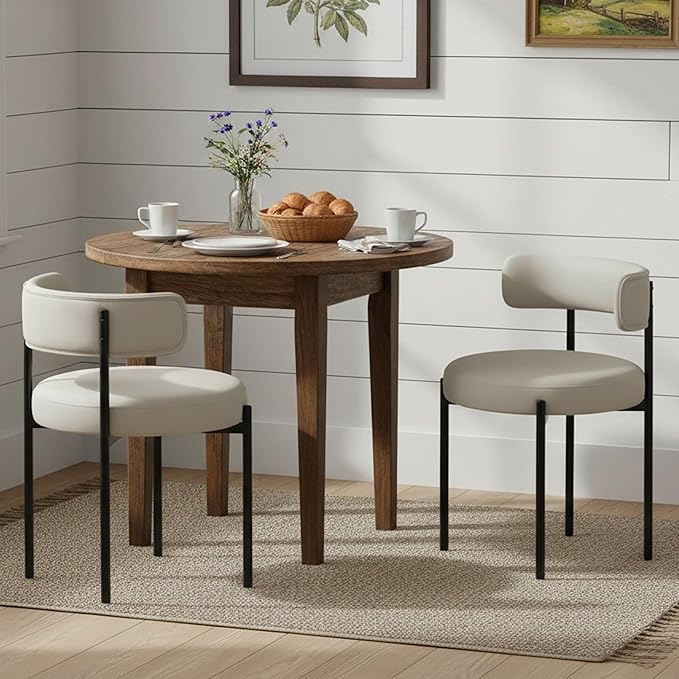 Faux Leather Dining Chairs Set of 2, Upholstered Kitchen and Dining Room Chairs, Mid-Century Modern Dining Chairs with Round Back and Black Metal Legs, Vegan Leather, Beige Grey