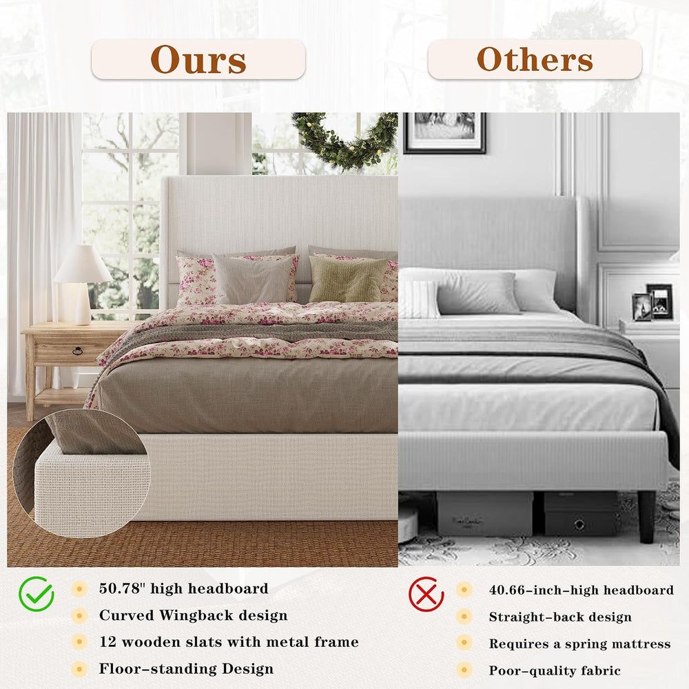 Queen Size Upholstered Bed Frame, 50.8" High Headboard Wingback Bed Fram...