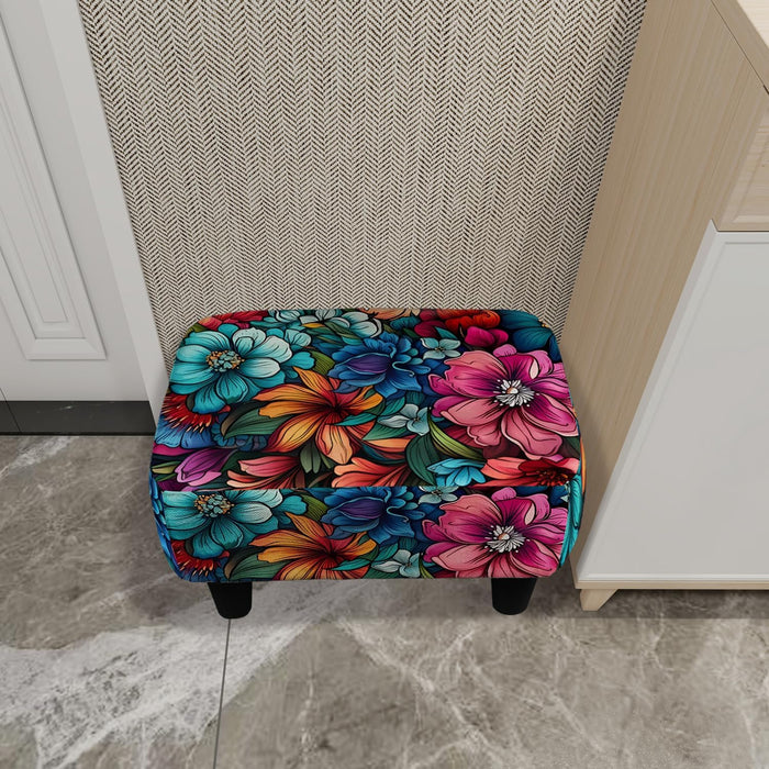 Flower Small Foot Stool Ottoman, Vintage Floral Linen Footrest for Couch | Soft Padded Cushion, Sturdy 4-Leg Frame, Non-Slip Feet, Compact 15" Size, Easy Assembly, Versatile Use