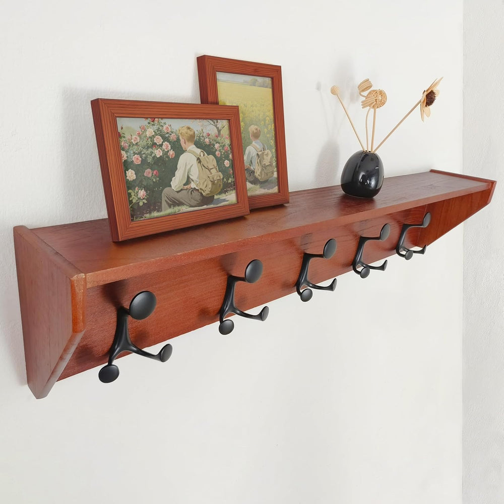 SKOLOO Wall Shelf with Hooks, 35-Inch Cherry Coat Rack Wall Mount with Shelf ...