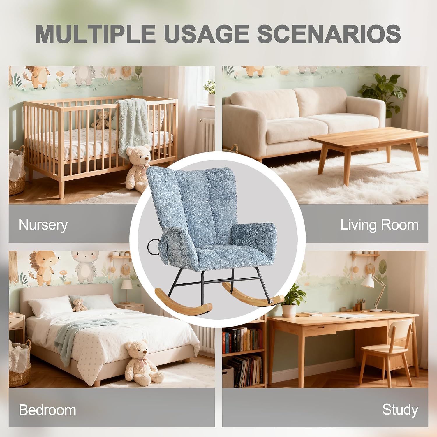 Rocking Chair Nursery, Comfy Modern Nursery Rocking Reading Chair Indoor, Cozy Upholstered Glider Rocker Chairs for Living Room Bedroom Offices, Sillas Mecedoras(Chenille, Blue)