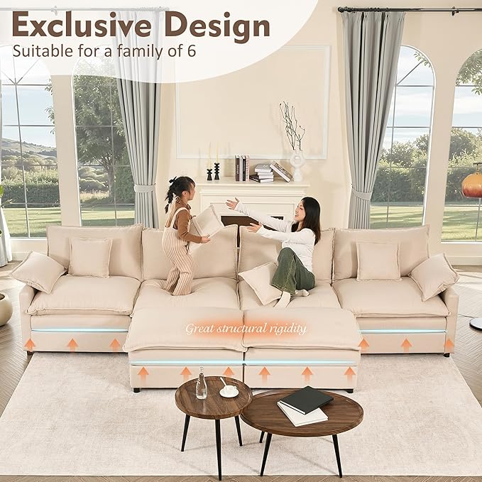 142.5" U Shaped Couch, Modular Sectional Sofa, 3-Seater Comfy Cloud Couch, Set of Modular Pieces with Movable Ottoman, Deep Seat Couches for Living Room, Linen, Beige