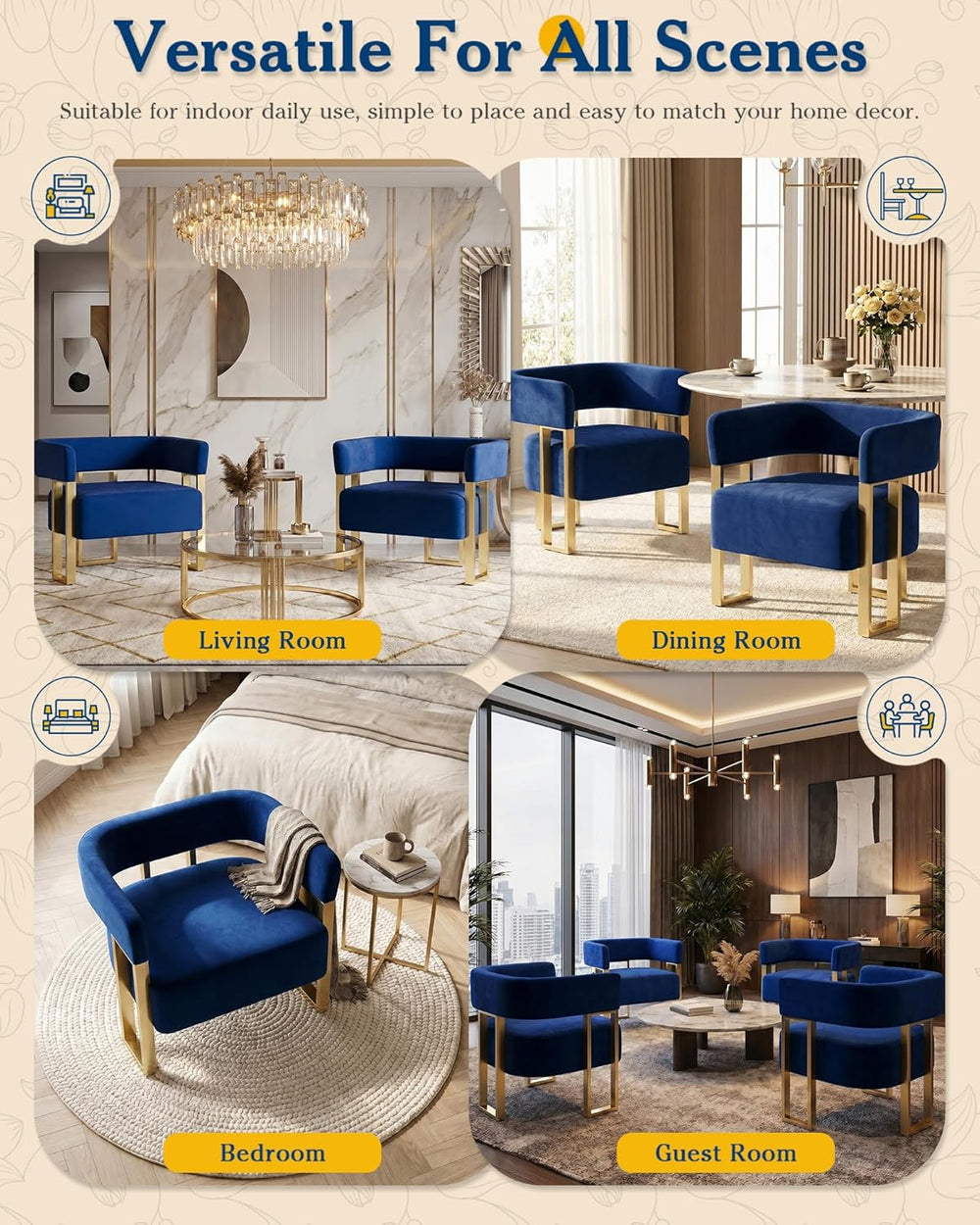 AODAILIHB Blue Modern Accent Chairs Set of 2, Velvet Barrel Chairs with Gold ...