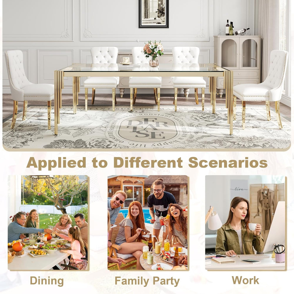 Rectangle Glass Dining Table, 81" Clear Tempered Glass Desktop with Gold...