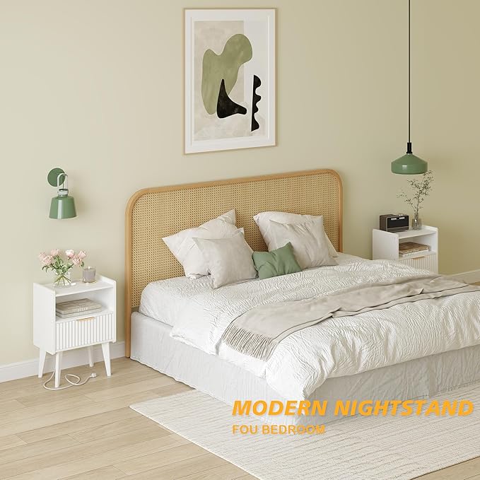 Fluted Nightstand with Charging Station, Modern Bedside Table with Drawer,Whi...