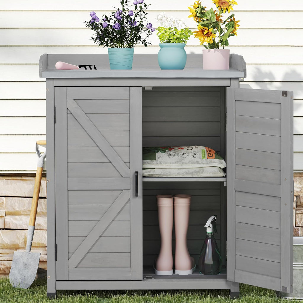 Outdoor Potting Bench with Storage Cabinet and Metal Top, Wood Workstation for Outdoor Patio, Garden (Classic Grey, 31.5x17x39‘’)