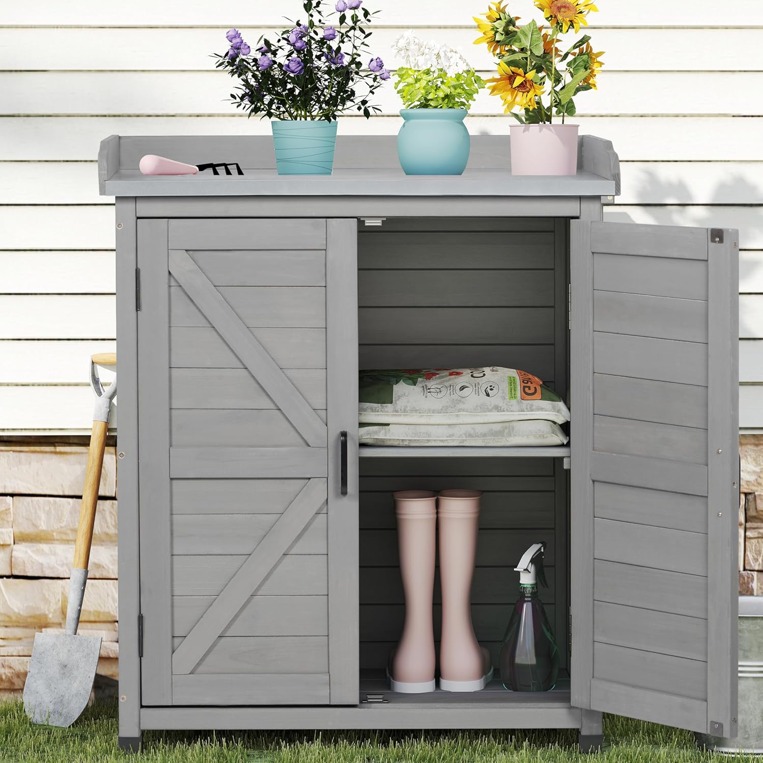 Outdoor Potting Bench with Storage Cabinet and Metal Top, Wood Workstation for Outdoor Patio, Garden (Classic Grey, 31.5x17x39‘’)