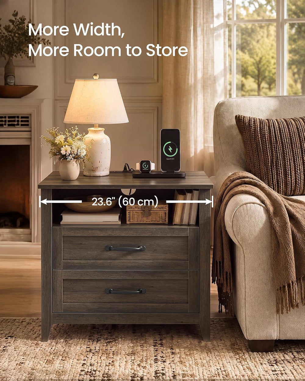 VASAGLE 23.6 inch Farmhouse Nightstands Set 2, Charging Station, 2 Drawers