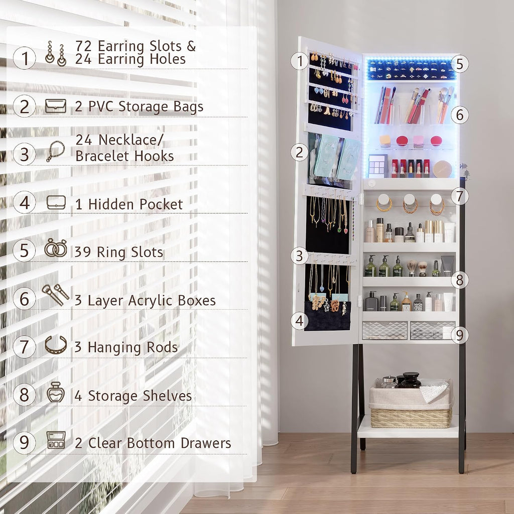 LVSOMT 3 LEDs Mirror Jewelry Cabinet, 60.4" Jewelry Mirror Full Length, Standing Lockable Jewelry Armoire Organizer, Floor Mirror with Storage for Jewelry Cosmetics, White